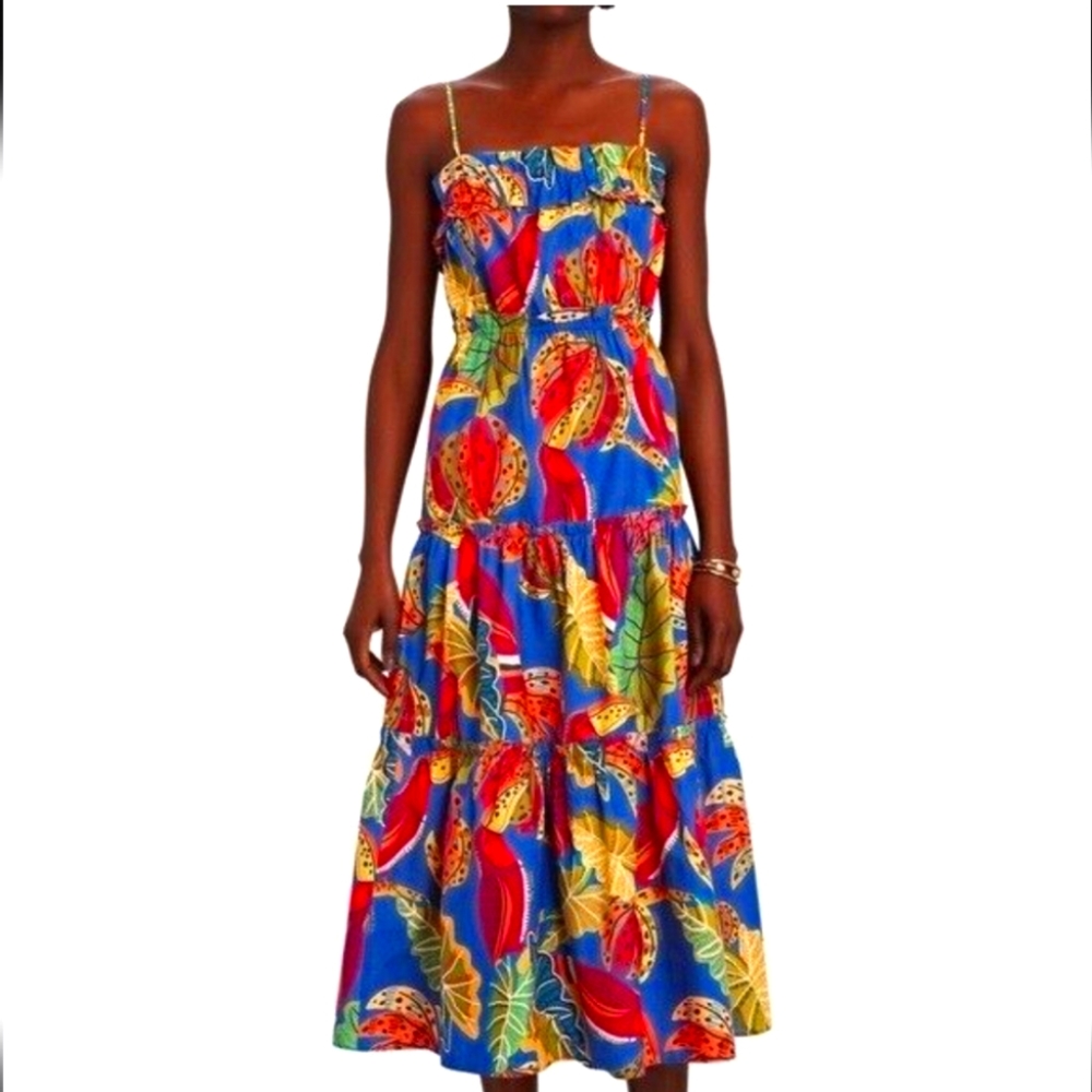 NWT Blue Beaks and Bananas tiered midi dress FARM RIO